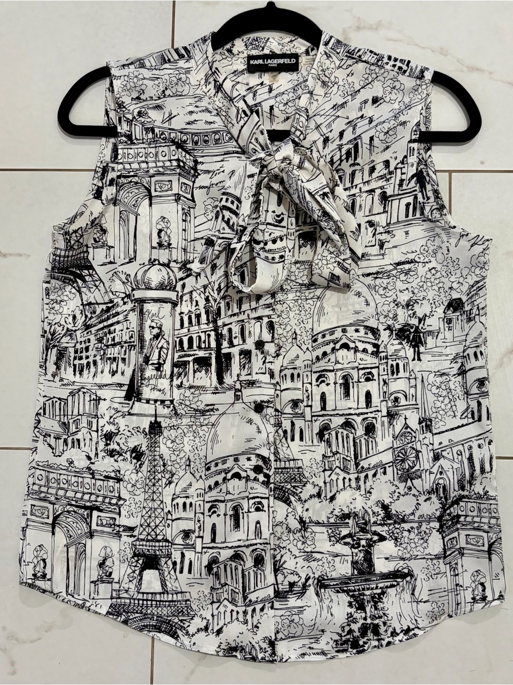 Karl Lagerfeld Paris Sleeveless Tie Neck Printed Blouse XS